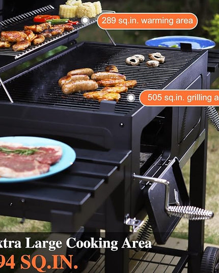 Sophia & William Extra Large Charcoal BBQ Grills with 794 SQ.IN. Cooking Area, Heavy Duty Outdoor Barbecue Grill with 2 Individual Lifting Charcoal Tray and 2 Foldable Side Table, Black