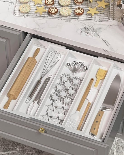 Utensil Organizer for Kitchen Drawers - Bamboo Silverware Tray Expandable 5 Slots Drawer Organizer for Office and Pantry Supplies W13.7-19.9" x L17.6 X H2.5 (White)