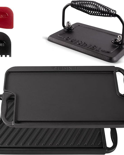 Cuisinel Cast Iron Griddle/Grill + Burger Press + Pan Scrapers - Reversible Pre-Seasoned 16.75" X 9.5"-inch Dual Handle Flat Skillet and Griller Pan + Cleaning Accessories - Use Indoor/Outdoor Stove