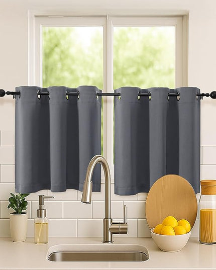 Simplebrand Grey Short Kitchen Curtains 24 Inch Length 2 Panels Set, Small Windows Room Darkening Curtain for Bathroom, Cabinet, Basement, RV Camper, Thermal Insulated Short Drapes, 40 x 24 Inch