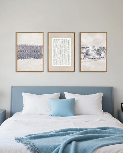 HOURIA Blue White Abstract Neutral Framed Canvas Wall Art Set,Minimalist Boho Waves Lines Wall Decor,Modern Geometric Shapes Print,Mid Century Grunge Artwork for Living Room,Bedroom,Office- 16"x24"x3