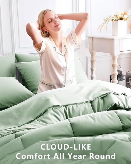 CozyLux Queen Comforter Set Sage Green, 7 Pieces Bed in a Bag, Green Comforter Queen Size, All Season Bedding Sets with Stitch Quilted Comforter, Flat Sheet, Fitted Sheet, Pillowcases