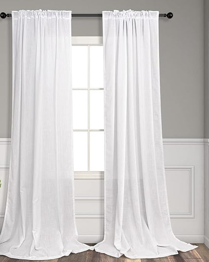 Solid White Curtains 96 Inches Long for Living Room 2 Panel Set Back Tab Pocket Opaque Draperies Semi Sheer Linen Light Filtering Curtain for Bedroom Floor Length Crisp Vintage Beach Country Chic 8 FT
