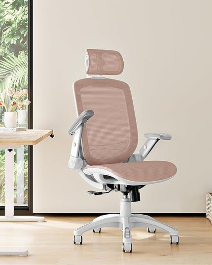 GABRYLLY Ergonomic Office Chair, High Back Home Desk Chair with Headrest, Flip-Up Arms, 90-120° Tilt Lock and Wide Cushion, 400LBS Mesh Chairs for Man Woman, White Task Chair(Pink,GY01WPK)