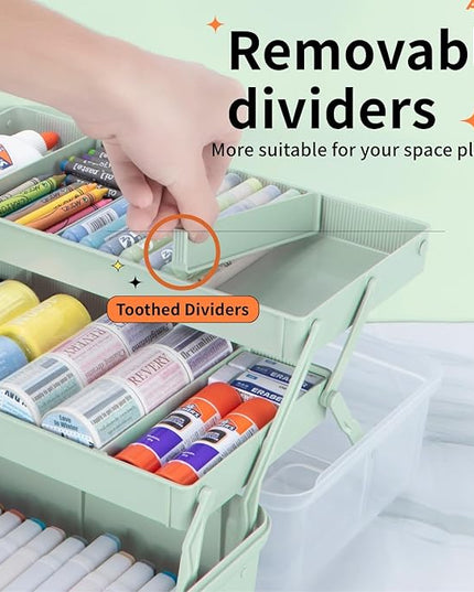 14in 3-Layer Multipurpose Craft Organizers and Storage with Adjustable Dividers, Portable Tackle Box, Folding Art & Craft Case for Medicine, Tool, Sewing Organizer (Haze Green, X-Large)