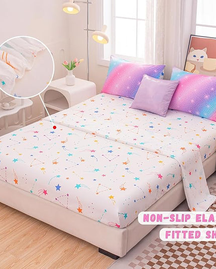 Rainbow Bedding Set Full Size – 6-Piece Reversible Girls Comforter with Deep-Pocket Sheet, Gradient Galaxy Design, Whole-Piece Filling, Machine Washable Bed-in-a-Bag for Kids Room Makeover & Gifts