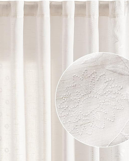jinchan Winslow Linen Curtains for Bedroom 96 Inches Length Embroidered Bordered Floral Curtains for Living Room Farmhouse Decor Light Filtering Window Treatments White on White Drapes 2 Panels