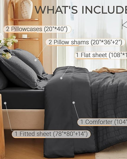 MUXHOMO 7 Pieces King Comforter Set, Seersucker Bed in a Bag King Size, All Season Luxury Bedding Set with Comforter, Flat Sheet, Fitted Sheet, Pillowcases & Shams, Dark Grey