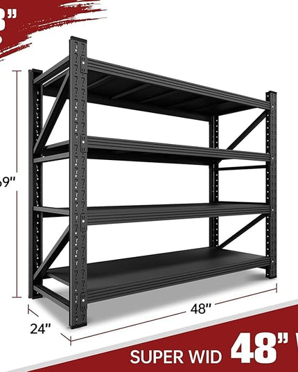 48" W Storage Shelves, 3000LBS Garage Shelving Heavy Duty Metal Adjustable Garage Shelves, Shelving Units Industrial Shelving for Warehouse, 48" W x 24" D x 69" H, Black