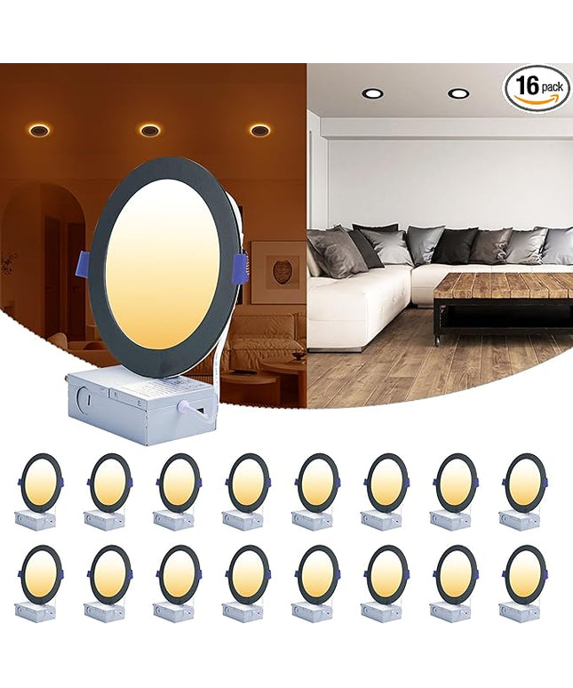 CycevSun Black Recessed Lights 6 Inch with Night Light 16 Pack, Dimmable & 5 Color Selectable, Canless Ultra Thin Wafer Downlight Indoor Outdoor Exterior Soffit, 12W, ETL Listed