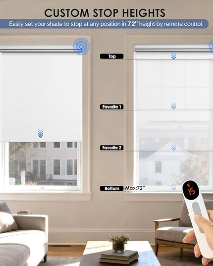 Motorized Blackout Smart Roller Blinds with Remote Control & Solar Panel - Automatic Electric Shades for Windows, Compatible with Alexa - White,34¼"W*72" H