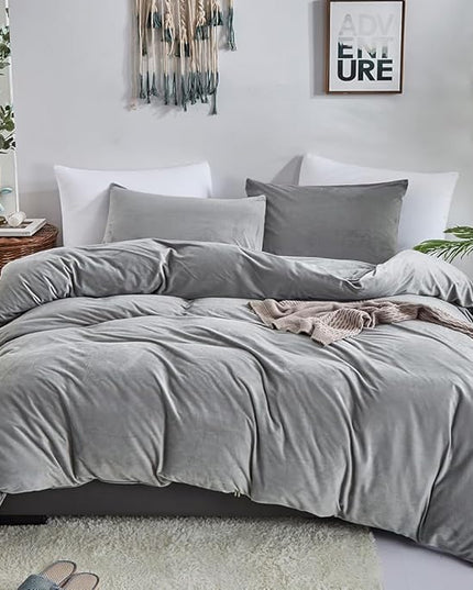 CLOTHKNOW Grey Velvet California King Comforter Set Fluffy Bedding Comforter Sets Soft Gray Comforter Grey Comforter