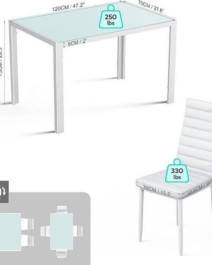 Gizoon 5 Piece Glass Dining Table Set, Kitchen and Chairs for 4, PU Leather Modern Room Sets for Home, Kitchen, Living Room