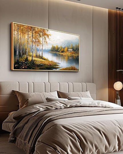 ERQINHUA Large Canvas Wood Framed Wall Art Living Room Wall Decor For Bedroom Forest Landscape Painting Lakeside Watercolour Wall Pictures Artwork Picture Office Farmhouse Home Decorations 24x48 In