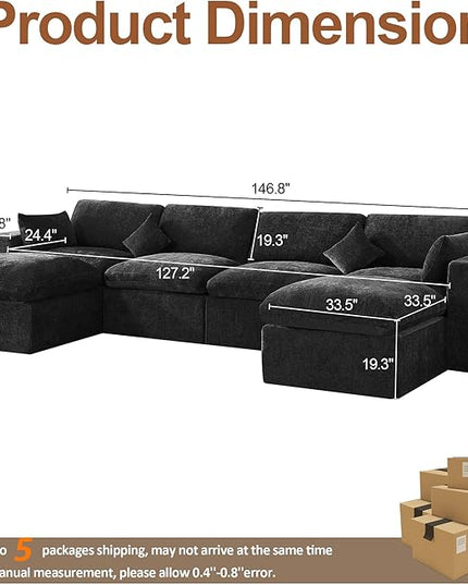 155''Cloud Boneless Modular Couch, Oversized Sectional Sofa Deep Seat with 2 Ottomans, Modern Upholstered Convertible U Shape Couch Comfy 6 Seater Chenille Sofa Couches for Living Room, Dark