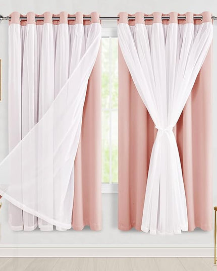 Hiasan Pink Blackout Curtains with Sheer Overlay Extra Wide Thermal Insulated Double Layer Window Curtains for Bedroom Living Room Nursery, 2 Panels with Tiebacks, Blush Pink, 70W X 63L