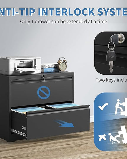 File Cabinets 2 Drawer,Metal Office Storage Filing Cabinet with Lock,Black Lateral Filing Cabinet for Home Office,Horizontal 2-Drawer File Cabinets for Legal/Letter/A4,Assembly Require,Black