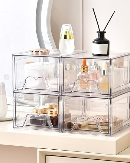 6 Pack Stackable Makeup Organizer, 4.4'' Tall Acrylic Bathroom Makeup Organizer and Storage Drawer with Pull-out Handle, Clear Plastic Storage Bins for Vanity,Pantry,Desk,Undersink,Kitchen