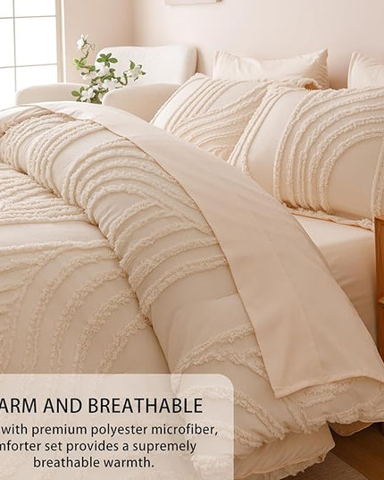 Beige King Comforter Set - 7 Pieces Bed in a Bag, Premium Comforters King Size Bed Set Tufted Shabby Chic Bedding Comforter Set with Flat Sheet, Fitted Sheet and Pillowcases,Beige