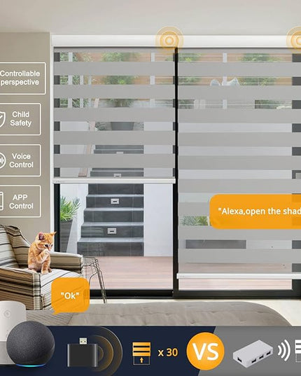 Motorized Blinds with Remote, Cordless Automatic Zebra Shades, Smart Blind for Windows, Grey, 28 x 72