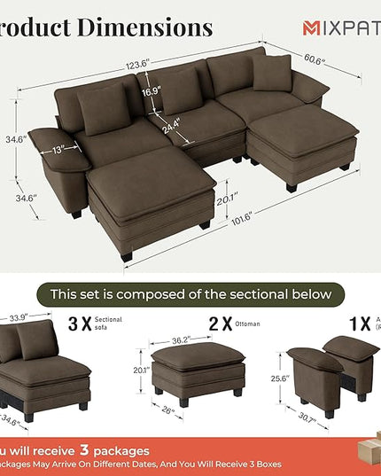123-Inch U Shaped Sectional Sofa with Cloud Cushions, Deep Seat Modular Couch Set w/ 5 Seats & 2 Ottomans, Removable Arms, Plush Chenille Upholstery for Living Room, Apartment - Taupe