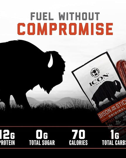 ICON Meats Bison and Pork Snack Sticks, Original, 6 Pack High Protein Snacks, 4 Meat Sticks per Pack, Sugar Free, Gluten Free, Natural, USDA Inspected, Made in USA, Gifts or Stocking Stuffers