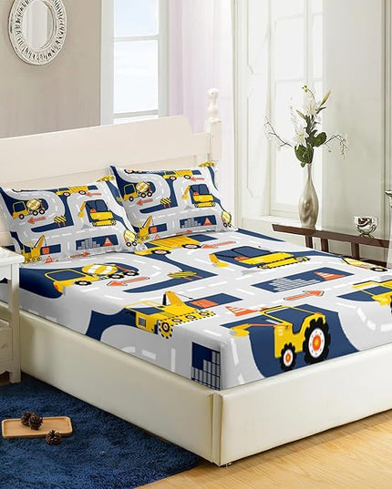 AILONEN Excavators Fitted Sheet Full Size, Cartoon Construction Vehicles Car Truck Bedding Set for Boys Kids Teens,Equipment Trucks Bed Sheet Set,3 Pieces,(1 Fitted Sheet + 2 Pillow Cases)