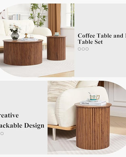 Fluted Round Nesting Coffee Table Set of 2, Mid Century Modern Wood Coffee Table and End Table Set, Minimalist Center Tables Circle Side Table for Living Room, Office(Walnut)