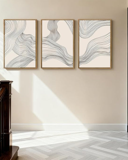Neutral Abstract Wall Art Framed Modern Beige Wave Wall Decor for Bathroom Living Room Bedroom 16x24 Inch Set of 3