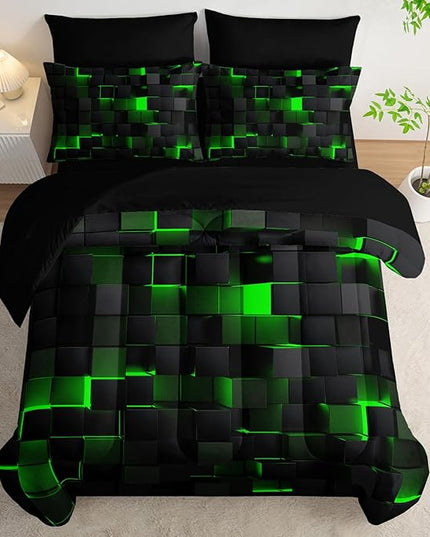 Geometric Green Black King Comforter Set,Light Honeycomb Bedding Set 7 Piece in A Bag,Bed Sheet Set Geometry Decor,Microfiber Lightweight All Season