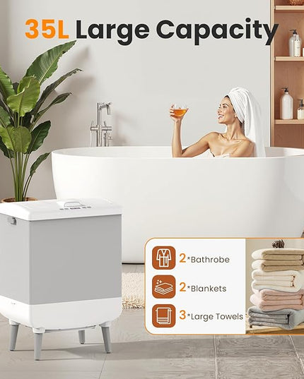Towel Warmer for Bathroom with Bucket, 35L Foldable Towel Warmer,Fast Heating & Drying Modes,Fits Up to 3 Oversized Towels or 2 Bathrobes,Removable Hanging Hooks,24H Timer, Home & Spa