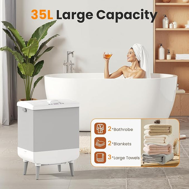 Towel Warmer for Bathroom with Bucket, 35L Foldable Towel Warmer,Fast Heating & Drying Modes,Fits Up to 3 Oversized Towels or 2 Bathrobes,Removable Hanging Hooks,24H Timer, Home & Spa