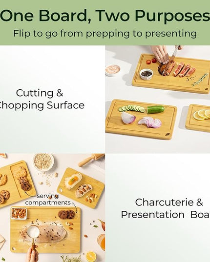 Wood Cutting Board for Kitchen - Reversible Bamboo Cutting Boards Gift Set of 3 with Juice Groove, Wooden Chopping Board for Meat, Fruit, Vegetables & Cheese (Pre Oiled, Natural)