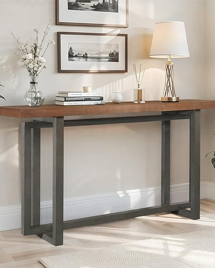 LKTART 59.05-Inch Long Behind Couch Sofa Table for Living Room, Farmhouse Console Table with Storage, Narrow Accent Entryway Tables for Hallway Entrance Foyer (Brown+Grey)