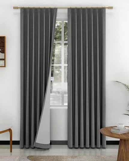 IVAPUPU Linen Pinch Pleated 100% Blackout Curtains for Bedroom - 2 Pages Black Out Grey Curtains 84 Inch Long 2 Panel for Living Room Darkening Thermal Window Curtain Drapes with 16pc Hooks