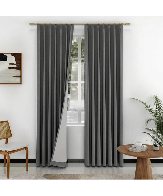 IVAPUPU Linen Pinch Pleated Full Blackout Curtains for Bedroom - 2 Pages Black Out Grey Curtains 63 Inch Long 2 Panel for Living Room Darkening Thermal Window Curtain Drapes with 16pc Hooks