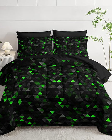 Geometric Green Black Triangle Full Size Comforter Set,Light Honeycomb Bedding Set 7 Piece in A Bag,Bed Sheet Set Geometry Decor,Microfiber Lightweight All Season