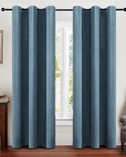 MIULEE Linen Blackout Curtains and Drapes 100% Room Darken Thermal Insulated Grommet Window Panels with Coating 2 PCs W 42 x L 84 inches Dusty Blue