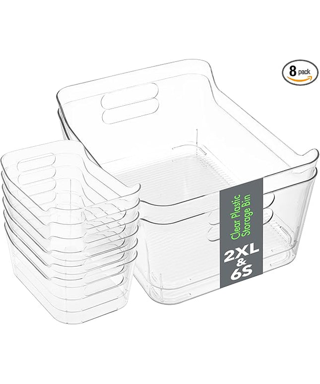Tiawudi Set of 8 Clear Plastic Storage Bins, 2 Extra Large and 6 Small Storage Containers for Pantry Organization, Multi-Use Organizer Bins for Home, Kitchen, Cabinet, Bathroom, Fridge & Freezer