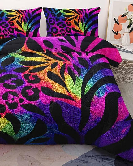 AILONEN Rainbow Leopard Print Comforter Set Twin Size,Tropical Leaves Print Boho Bedding Set for Room,3Pcs,1 Duvet with 2 Pillowcases
