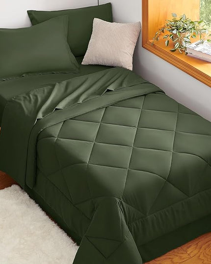 CozyLux Twin XL Comforter Set Olive Green - 5 Pieces Twin Extra Long Bed in a Bag for College Dorm, All Season Bedding Set for Girls and Boys, Soft Bed Set with Comforter, Sheets, Pillowcase & Sham
