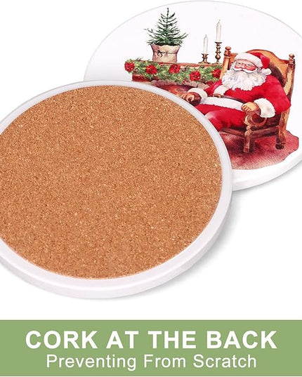 Christmas Coasters Set of 6 Christmas Tree Coasters Gifts with Holder Round Ceramic Absorbent Drink Coaster for Holiday, Coffee Table Decor
