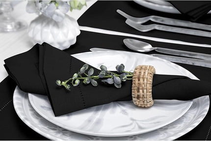 Solino Home Black Linen Napkins Set of 4-100% Pure Linen Hemstitch Dinner Napkins 20 x 20 Inch for Winter, Christmas, Holiday, New Year - Classic Hemstitch