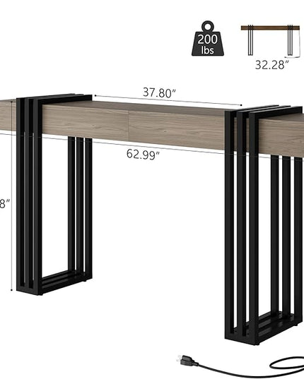63" Long Console Table for Entryway - Behind Couch Table for Living Room, Wood Sofa Tables with Black Parallel Metal Frame & Power Outlet for Hallway, Entrance, Narrow Foyer, Light Walnut