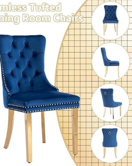 7-Piece Glass Dining Table Set w/6 Blue Upholstered Dining Chairs, 70in Rectangular Large Kitchen Table Set for 6, Glass and Gold Dining Table and Chair Set for 6