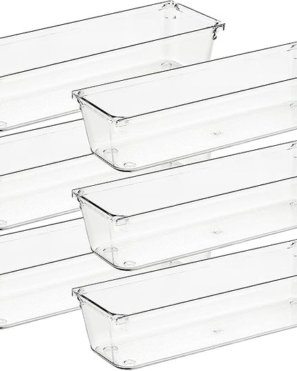 Ravinte 6 Pack Drawer Organizer - 3" X 9" Plastic Storage Bins, Acrylic Organizers with Non-Slip Pads Clear Desk Storage Tray for Makeup, Jewelries, Kitchen Utensils, Bathroom and Office