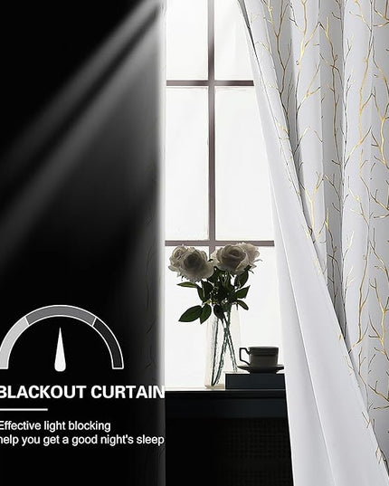 BUHUA Blackout Curtains 63 Inches Length, Thermal Curtain for Bedroom 2 Panels Set, Room Darkening Curtains with Gold Shinny Branches Tree Patern, 52W×63L Greyish White
