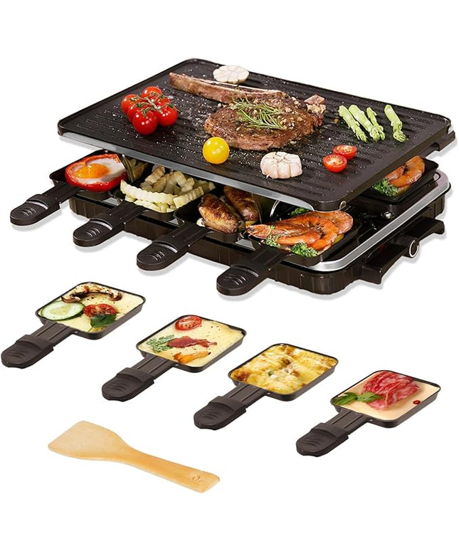 VNIMTI Raclette Table Grill, Electric Indoor Korean Barbecue Grill, Portable BBQ Tabletop Griddle, 2 in 1 Reversible Non-stick Plate, 1300W Fast Heating Crepe Maker with 8 Square Raclette Cheese Pans