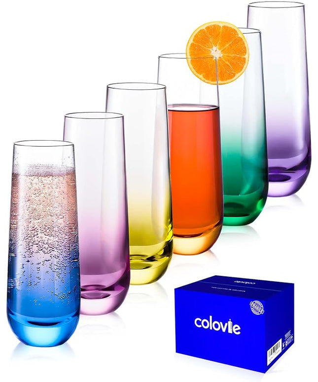 ColoVie Stemless Champagne Glasses Set of 6- Colored Champagne Flutes- Wedding Toasting Glass- Bridesmaid Gift- Mimosa Glass- Crystal Bar Glassware- Birthday Cocktail Party, 9.6oz