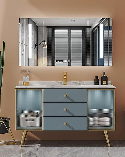52IN Bathroom Vanity - Bathroom Vanity with Sink Set with Transparent Glass Cabinet Door, Mirror Cabinet Intelligent Demisting & LED Lights | Gold Bathroom Vanity Cabinet with Copper Faucet